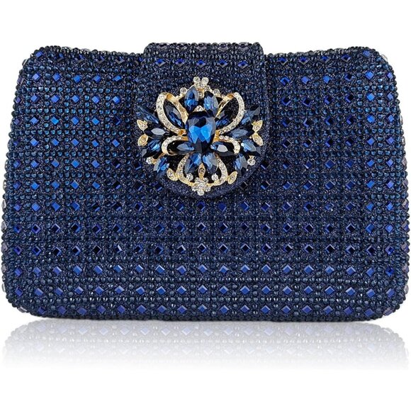 Women's Blue Sparkly Rhinestone Unique Evening Floral Clutch Shoulder Handbag - Picture 1 of 6